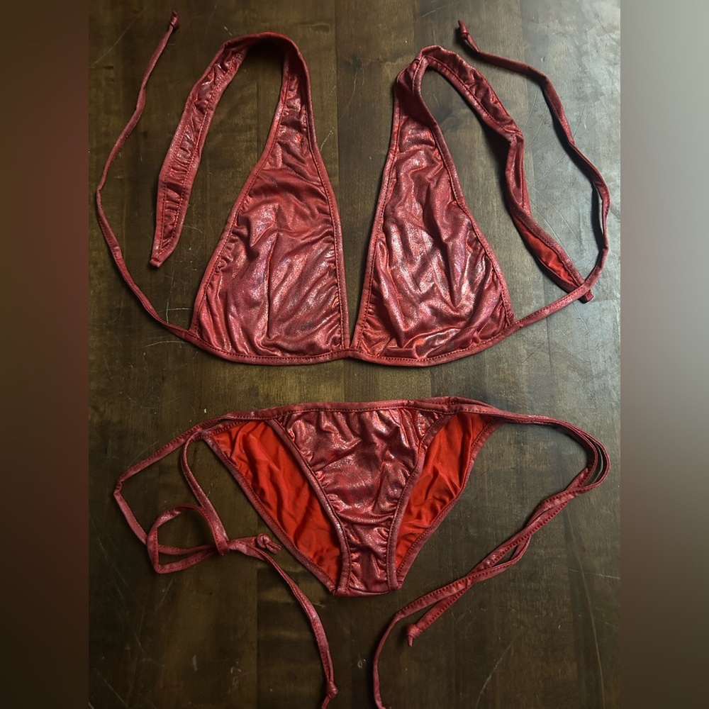 New with Defects Red Metallic Lame w/ Silver Halter Top Tie Side Bottom Bikini